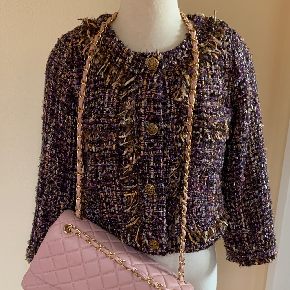 Purple Tweed Fringe Button Jacket
